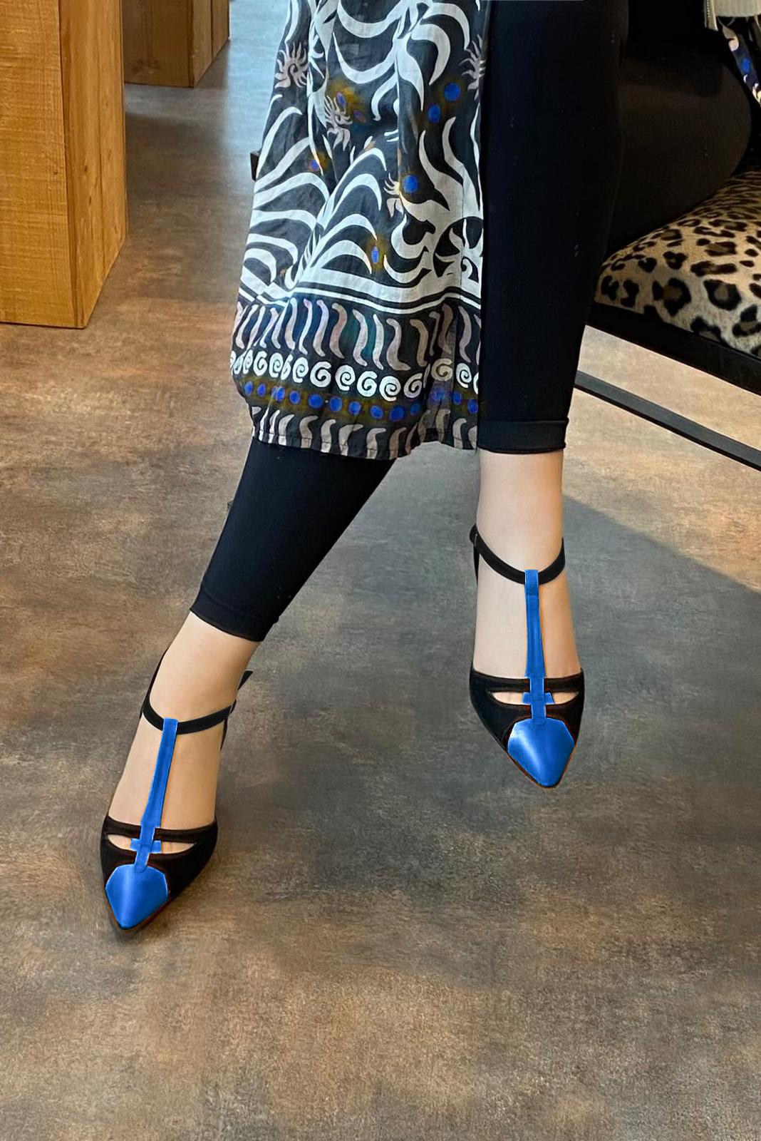 Electric blue and matt black women's T-strap open side shoes. Tapered toe. Medium flare heels. Worn view - Florence KOOIJMAN